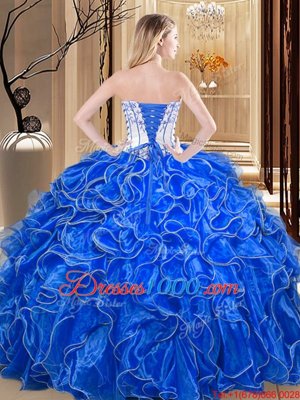 Traditional Ball Gowns Quince Ball Gowns Royal Blue Strapless Organza Sleeveless Floor Length Lace Up