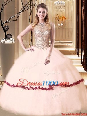 Eye-catching Peach Scoop Lace Up Beading and Appliques Sweet 16 Dresses Sleeveless