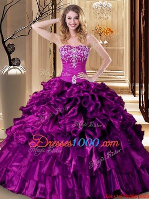 Vintage Embroidery and Ruffles Quinceanera Gowns Purple Lace Up Sleeveless Floor Length