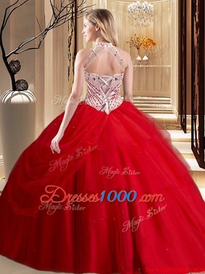 High Quality Halter Top Beading and Pick Ups 15 Quinceanera Dress Royal Blue Lace Up Sleeveless With Brush Train