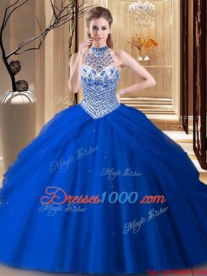 High Quality Halter Top Beading and Pick Ups 15 Quinceanera Dress Royal Blue Lace Up Sleeveless With Brush Train