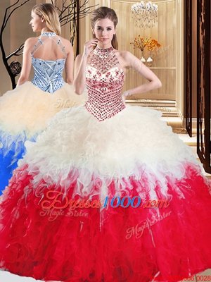 White And Red Ball Gowns Halter Top Sleeveless Tulle Floor Length Lace Up Beading and Ruffles Ball Gown Prom Dress