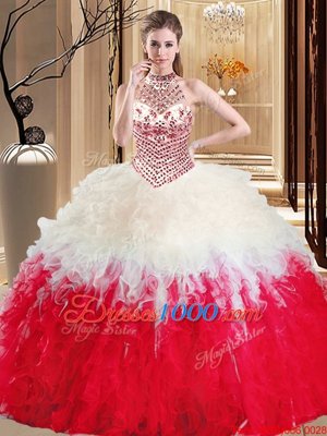 White And Red Ball Gowns Halter Top Sleeveless Tulle Floor Length Lace Up Beading and Ruffles Ball Gown Prom Dress