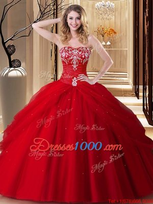 Red Ball Gowns Tulle Sweetheart Sleeveless Embroidery Floor Length Lace Up Quinceanera Dress