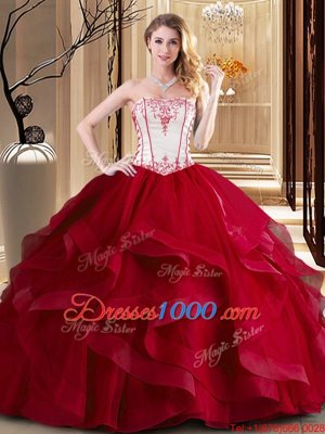 New Style Wine Red Lace Up Quince Ball Gowns Embroidery Sleeveless Floor Length
