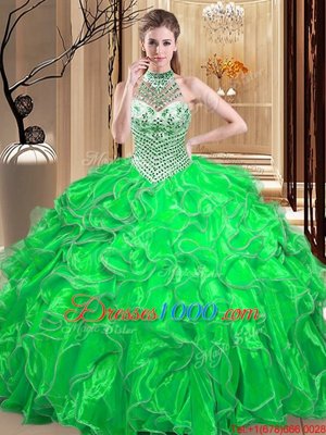 Ball Gowns Halter Top Sleeveless Organza Floor Length Lace Up Beading and Ruffles Quinceanera Gown