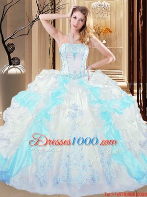 Fashion Blue And White Lace Up Quinceanera Dresses Embroidery and Ruffled Layers Sleeveless Floor Length