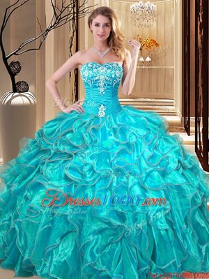 Fancy Aqua Blue Lace Up Sweetheart Embroidery and Ruffles Quinceanera Gown Organza Sleeveless