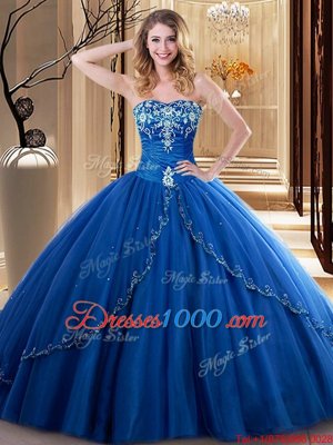 Royal Blue Tulle Lace Up Sweetheart Sleeveless Floor Length Quinceanera Gowns Embroidery
