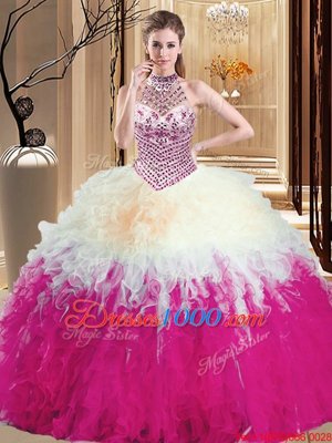Glamorous Multi-color Quinceanera Gown Military Ball and Sweet 16 and Quinceanera and For with Beading and Ruffles Halter Top Sleeveless Lace Up