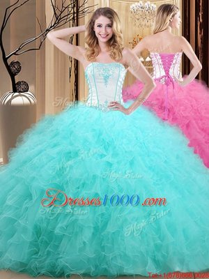 Blue Tulle Lace Up Strapless Sleeveless Floor Length Sweet 16 Dresses Embroidery