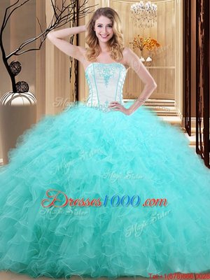 Blue Tulle Lace Up Strapless Sleeveless Floor Length Sweet 16 Dresses Embroidery