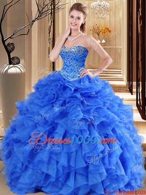 Fine Royal Blue Sleeveless Floor Length Beading and Ruffles Lace Up Ball Gown Prom Dress