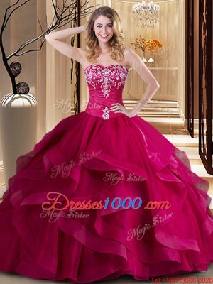 Beauteous Coral Red Ball Gowns Embroidery and Ruffles Quinceanera Gown Lace Up Tulle Sleeveless Floor Length