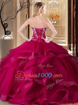 Beauteous Coral Red Ball Gowns Embroidery and Ruffles Quinceanera Gown Lace Up Tulle Sleeveless Floor Length