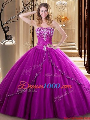 New Style Tulle Sweetheart Sleeveless Lace Up Embroidery Quinceanera Gowns in Fuchsia