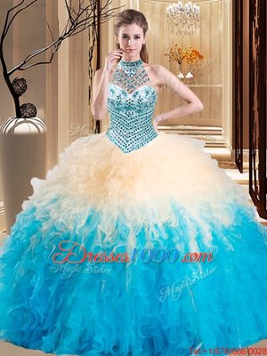 Flirting Multi-color Ball Gowns Tulle Halter Top Sleeveless Beading and Ruffles Floor Length Lace Up Sweet 16 Dresses