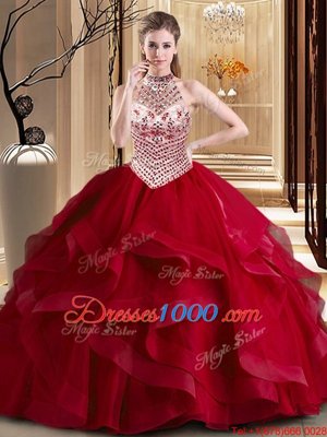 Fitting Halter Top Wine Red Sleeveless Brush Train Beading and Ruffles With Train Vestidos de Quinceanera