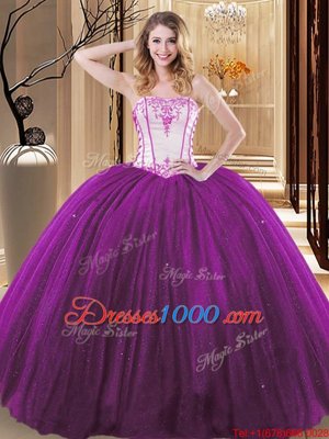 Deluxe White And Purple Strapless Neckline Embroidery Sweet 16 Dress Sleeveless Lace Up