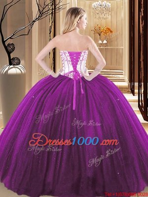 Deluxe White And Purple Strapless Neckline Embroidery Sweet 16 Dress Sleeveless Lace Up