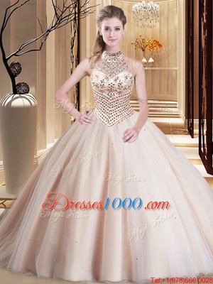 Delicate Brush Train Ball Gowns Quinceanera Gowns Peach Halter Top Tulle Sleeveless With Train Lace Up