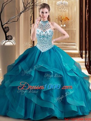 Halter Top Sleeveless Tulle With Brush Train Lace Up 15 Quinceanera Dress in Teal for with Beading and Ruffles