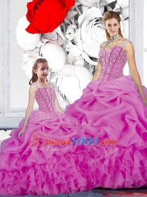 Custom Made Pick Ups Floor Length Fuchsia Sweet 16 Dress Straps Sleeveless Lace Up