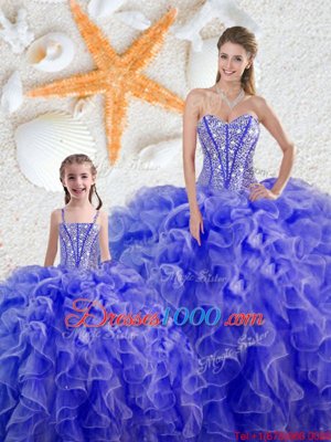 Blue Ball Gowns Beading and Ruffles Quinceanera Dresses Lace Up Organza Sleeveless Floor Length