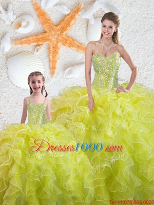 On Sale Sleeveless Organza Floor Length Lace Up Ball Gown Prom Dress in Yellow Green for with Beading and Ruffles