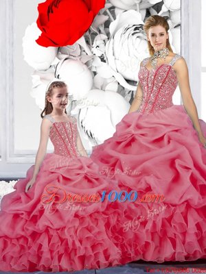 Rose Pink Quinceanera Dresses Military Ball and Sweet 16 and Quinceanera and For with Beading and Ruffles and Pick Ups Straps Sleeveless Lace Up
