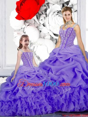 Modern Organza Straps Sleeveless Lace Up Beading and Ruffles and Pick Ups Ball Gown Prom Dress in Lavender