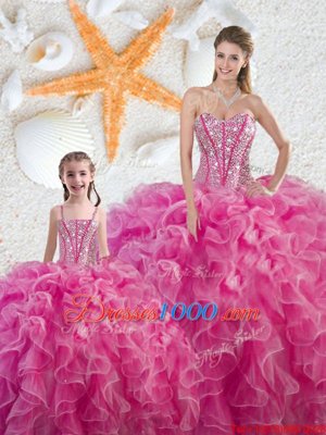 Sexy Floor Length Hot Pink Quinceanera Dresses Organza Sleeveless Beading and Ruffles