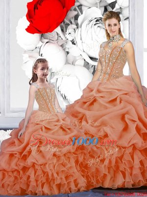 Best Selling Straps Straps Sleeveless Organza Floor Length Lace Up 15 Quinceanera Dress in Orange for with Beading and Ruffles and Pick Ups