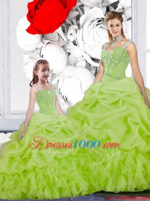 Customized Floor Length Lace Up Sweet 16 Quinceanera Dress Yellow Green and In for Military Ball and Sweet 16 with Beading and Ruffles and Pick Ups