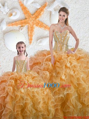 Elegant Yellow Sleeveless Floor Length Beading Lace Up Sweet 16 Quinceanera Dress