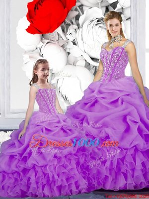 Organza Straps Sleeveless Lace Up Beading and Ruffles and Pick Ups Ball Gown Prom Dress in Purple