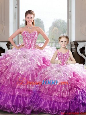 Hot Pink Sleeveless Floor Length Beading and Ruffles Lace Up Quinceanera Gowns