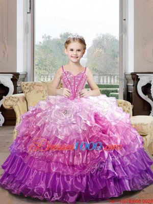 Hot Pink Sleeveless Floor Length Beading and Ruffles Lace Up Quinceanera Gowns