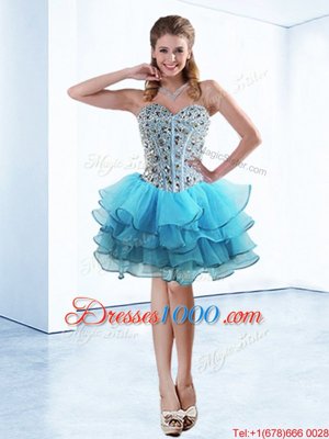 High Class Baby Blue Sleeveless Knee Length Beading and Ruffled Layers Lace Up Pageant Dress for Girls