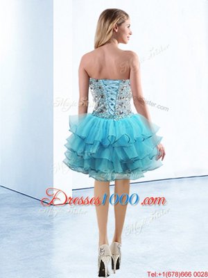 High Class Baby Blue Sleeveless Knee Length Beading and Ruffled Layers Lace Up Pageant Dress for Girls