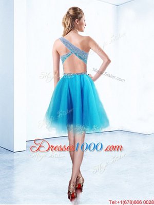 Designer One Shoulder Knee Length A-line Sleeveless Baby Blue Cocktail Dresses Criss Cross