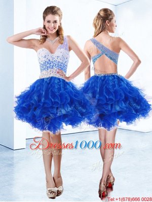 Sophisticated One Shoulder Royal Blue Organza Criss Cross Pageant Dress for Teens Sleeveless Knee Length Beading and Ruffles