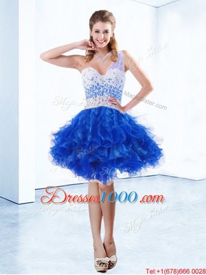 Sophisticated One Shoulder Royal Blue Organza Criss Cross Pageant Dress for Teens Sleeveless Knee Length Beading and Ruffles