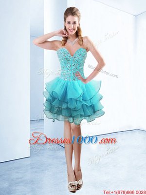 Aqua Blue Organza Lace Up Sweetheart Sleeveless Knee Length Pageant Dress for Teens Ruffles