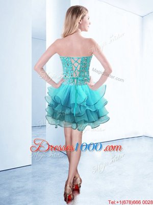 Aqua Blue Organza Lace Up Sweetheart Sleeveless Knee Length Pageant Dress for Teens Ruffles