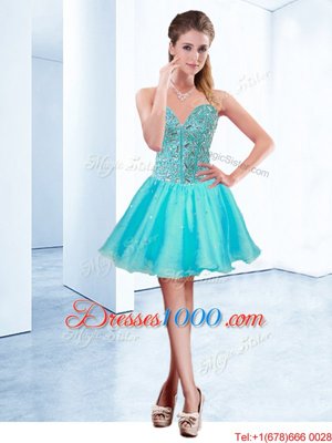 Simple Aqua Blue Organza Lace Up Cocktail Dresses Sleeveless Mini Length Beading