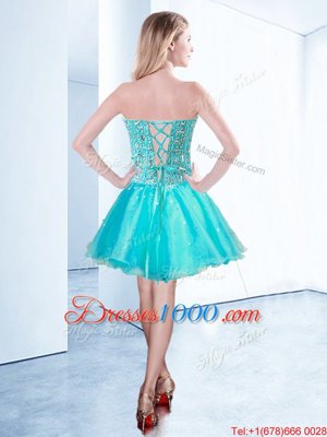 Simple Aqua Blue Organza Lace Up Cocktail Dresses Sleeveless Mini Length Beading