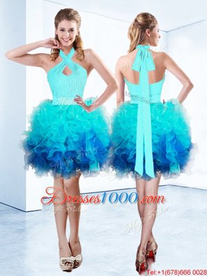 Exquisite Halter Top Sleeveless Organza Glitz Pageant Dress Ruffles and Ruching and Belt Zipper