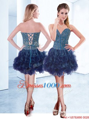 Stylish V-neck Sleeveless Custom Made Pageant Dress Mini Length Beading Navy Blue Organza