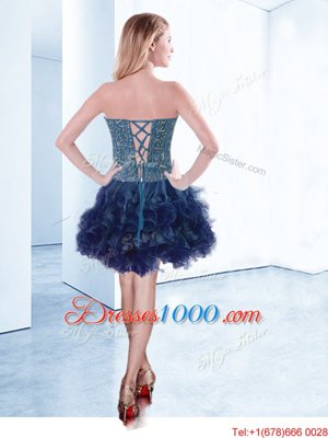 Stylish V-neck Sleeveless Custom Made Pageant Dress Mini Length Beading Navy Blue Organza